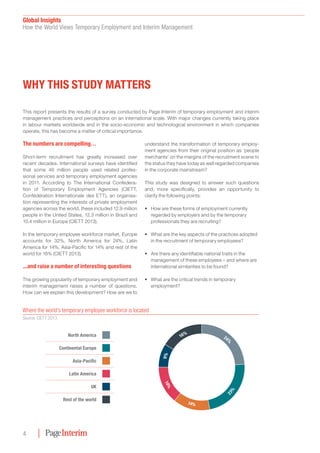 Global Insights
How the World Views Temporary Employment and Interim Management
4
WHy THIs sTudy MaTTErs
This report presents the results of a survey conducted by Page Interim of temporary employment and interim
management practices and perceptions on an international scale. With major changes currently taking place
in labour markets worldwide and in the socio-economic and technological environment in which companies
operate, this has become a matter of critical importance.
The numbers are compelling…
Short-term recruitment has greatly increased over
recent decades. International surveys have identified
that some 46 million people used related profes-
sional services and temporary employment agencies
in 2011. According to The International Confedera-
tion of Temporary Employment Agencies (CIETT,
Confédération Internationale des ETT), an organisa-
tion representing the interests of private employment
agencies across the world, these included 12.9 million
people in the United States, 12.3 million in Brazil and
10.4 million in Europe (CIETT 2013).
In the temporary employee workforce market, Europe
accounts for 32%, North America for 24%, Latin
America for 14%, Asia-Pacific for 14% and rest of the
world for 16% (CIETT 2013).
...and raise a number of interesting questions
The growing popularity of temporary employment and
interim management raises a number of questions.
How can we explain this development? How are we to
understand the transformation of temporary employ-
ment agencies from their original position as ‘people
merchants’ on the margins of the recruitment scene to
the status they have today as well regarded companies
in the corporate mainstream?
This study was designed to answer such questions
and, more specifically, provides an opportunity to
clarify the following points:
•	 How are these forms of employment currently
regarded by employers and by the temporary
professionals they are recruiting?
•	 What are the key aspects of the practices adopted
in the recruitment of temporary employees?
•	 Are there any identifiable national traits in the
management of these employees – and where are
international similarities to be found?
•	 What are the critical trends in temporary
employment?
Where the world’s temporary employee workforce is located
Source: CIETT 2013
north america
continental Europe
asia-Pacific
latin america
uK
rest of the world
9%
16%
24
%
14%
14%
23%
 