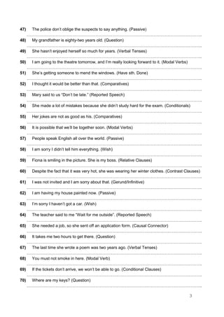 47) The police don’t oblige the suspects to say anything. (Passive)
……………………………………………………………………………………………………………….
48) My grandfather is eighty-two years old. (Question)
……………………………………………………………………………………………………………….
49) She hasn’t enjoyed herself so much for years. (Verbal Tenses)
……………………………………………………………………………………………………………….
50) I am going to the theatre tomorrow, and I’m really looking forward to it. (Modal Verbs)
……………………………………………………………………………………………………………….
51) She’s getting someone to mend the windows. (Have sth. Done)
……………………………………………………………………………………………………………….
52) I thought it would be better than that. (Comparatives)
……………………………………………………………………………………………………………….
53) Mary said to us “Don’t be late.” (Reported Speech)
……………………………………………………………………………………………………………….
54) She made a lot of mistakes because she didn’t study hard for the exam. (Conditionals)
……………………………………………………………………………………………………………….
55) Her jokes are not as good as his. (Comparatives)
……………………………………………………………………………………………………………….
56) It is possible that we’ll be together soon. (Modal Verbs)
……………………………………………………………………………………………………………….
57) People speak English all over the world. (Passive)
……………………………………………………………………………………………………………….
58) I am sorry I didn’t tell him everything. (Wish)
……………………………………………………………………………………………………………….
59) Fiona is smiling in the picture. She is my boss. (Relative Clauses)
……………………………………………………………………………………………………………….
60) Despite the fact that it was very hot, she was wearing her winter clothes. (Contrast Clauses)
……………………………………………………………………………………………………………….
61) I was not invited and I am sorry about that. (Gerund/Infinitive)
……………………………………………………………………………………………………………….
62) I am having my house painted now. (Passive)
……………………………………………………………………………………………………………….
63) I’m sorry I haven’t got a car. (Wish)
……………………………………………………………………………………………………………….
64) The teacher said to me “Wait for me outside”. (Reported Speech)
……………………………………………………………………………………………………………….
65) She needed a job, so she sent off an application form. (Causal Connector)
……………………………………………………………………………………………………………….
66) It takes me two hours to get there. (Question)
……………………………………………………………………………………………………………….
67) The last time she wrote a poem was two years ago. (Verbal Tenses)
……………………………………………………………………………………………………………….
68) You must not smoke in here. (Modal Verb)
……………………………………………………………………………………………………………….
69) If the tickets don’t arrive, we won’t be able to go. (Conditional Clauses)
……………………………………………………………………………………………………………….
70) Where are my keys? (Question)
……………………………………………………………………………………………………………….
3
 