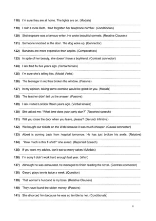 118) I’m sure they are at home. The lights are on. (Modals)
……………………………………………………………………………………………………………….
119) I didn’t invite Beth. I had forgotten her telephone number. (Conditionals)
……………………………………………………………………………………………………………….
120) Shakespeare was a famous writer. He wrote beautiful sonnets. (Relative Clauses)
……………………………………………………………………………………………………………….
121) Someone knocked at the door. The dog woke up. (Connector)
……………………………………………………………………………………………………………….
122) Bananas are more expensive than apples. (Comparatives)
……………………………………………………………………………………………………………….
123) In spite of her beauty, she doesn’t have a boyfriend. (Contrast connector)
……………………………………………………………………………………………………………….
124) I last had flu five years ago. (Verbal tenses)
……………………………………………………………………………………………………………….
125) I’m sure she’s telling lies. (Modal Verbs)
……………………………………………………………………………………………………………….
126) The teenager in red has broken the window. (Passive)
……………………………………………………………………………………………………………….
127) In my opinion, taking some exercise would be good for you. (Modals)
……………………………………………………………………………………………………………….
128) The teacher didn’t tell us the answer. (Passive)
……………………………………………………………………………………………………………….
129) I last visited London fifteen years ago. (Verbal tenses)
……………………………………………………………………………………………………………….
130) She asked me: “What time does your party start?” (Reported speech)
……………………………………………………………………………………………………………….
131) Will you close the door when you leave, please? (Gerund/ Infinitive)
……………………………………………………………………………………………………………….
132) We bought our tickets on the Web because it was much cheaper. (Causal connector)
……………………………………………………………………………………………………………….
133) Albert is coming back from hospital tomorrow. He has just broken his ankle. (Relative)
……………………………………………………………………………………………………………….
134) “How much is this T-shirt?” she asked. (Reported Speech)
……………………………………………………………………………………………………………….
135) If you want my advice, don’t eat so many cakes! (Modals)
……………………………………………………………………………………………………………….
136) I’m sorry I didn’t work hard enough last year. (Wish)
……………………………………………………………………………………………………………….
137) Although he was exhausted, he managed to finish reading the novel. (Contrast connector)
……………………………………………………………………………………………………………….
138) Gerard plays tennis twice a week. (Question)
……………………………………………………………………………………………………………….
139) That woman’s husband is my boss. (Relative Clauses)
……………………………………………………………………………………………………………….
140) They have found the stolen money. (Passive)
……………………………………………………………………………………………………………….
141) She divorced him because he was so terrible to her. (Conditionals)
……………………………………………………………………………………………………………….
6
 