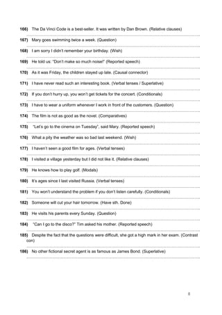 166) The Da Vinci Code is a best-seller. It was written by Dan Brown. (Relative clauses)
……………………………………………………………………………………………………………….
167) Mary goes swimming twice a week. (Question)
……………………………………………………………………………………………………………….
168) I am sorry I didn’t remember your birthday. (Wish)
……………………………………………………………………………………………………………….
169) He told us: “Don’t make so much noise!” (Reported speech)
……………………………………………………………………………………………………………….
170) As it was Friday, the children stayed up late. (Causal connector)
……………………………………………………………………………………………………………….
171) I have never read such an interesting book. (Verbal tenses / Superlative)
……………………………………………………………………………………………………………….
172) If you don’t hurry up, you won’t get tickets for the concert. (Conditionals)
……………………………………………………………………………………………………………….
173) I have to wear a uniform whenever I work in front of the customers. (Question)
……………………………………………………………………………………………………………….
174) The film is not as good as the novel. (Comparatives)
……………………………………………………………………………………………………………….
175) “Let’s go to the cinema on Tuesday”, said Mary. (Reported speech)
……………………………………………………………………………………………………………….
176) What a pity the weather was so bad last weekend. (Wish)
……………………………………………………………………………………………………………….
177) I haven’t seen a good film for ages. (Verbal tenses)
……………………………………………………………………………………………………………….
178) I visited a village yesterday but I did not like it. (Relative clauses)
……………………………………………………………………………………………………………….
179) He knows how to play golf. (Modals)
……………………………………………………………………………………………………………….
180) It’s ages since I last visited Russia. (Verbal tenses)
……………………………………………………………………………………………………………….
181) You won’t understand the problem if you don’t listen carefully. (Conditionals)
……………………………………………………………………………………………………………….
182) Someone will cut your hair tomorrow. (Have sth. Done)
……………………………………………………………………………………………………………….
183) He visits his parents every Sunday. (Question)
……………………………………………………………………………………………………………….
184) “Can I go to the disco?” Tim asked his mother. (Reported speech)
……………………………………………………………………………………………………………….
185) Despite the fact that the questions were difficult, she got a high mark in her exam. (Contrast
con)
……………………………………………………………………………………………………………….
186) No other fictional secret agent is as famous as James Bond. (Superlative)
……………………………………………………………………………………………………………….
8
 