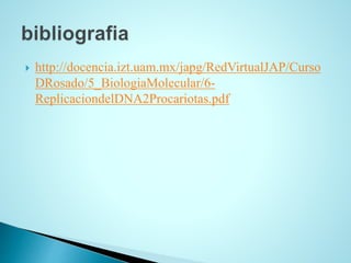  http://docencia.izt.uam.mx/japg/RedVirtualJAP/Curso
DRosado/5_BiologiaMolecular/6-
ReplicaciondelDNA2Procariotas.pdf
 