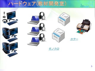 教師卓と同仕様の
PC ３台
学生用と同仕様
の PC ３台
モノクロ レーザ
ープリンタ２台
カラー レーザー
or インクジェッ
ト
プリンタ１台
学生用子機修理
代替用３台
5
 
