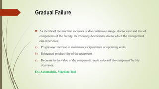 Gradual Failure
 As the life of the machine increases or due continuous usage, due to wear and tear of
components of the facility, its efficiency deteriorates due to which the management
can experience.
a) Progressive Increase in maintenance expenditure or operating costs,
b) Decreased productivity of the equipment
c) Decrease in the value of the equipment (resale value) of the equipment/facility
decreases.
Ex: Automobile, Machine Tool
 