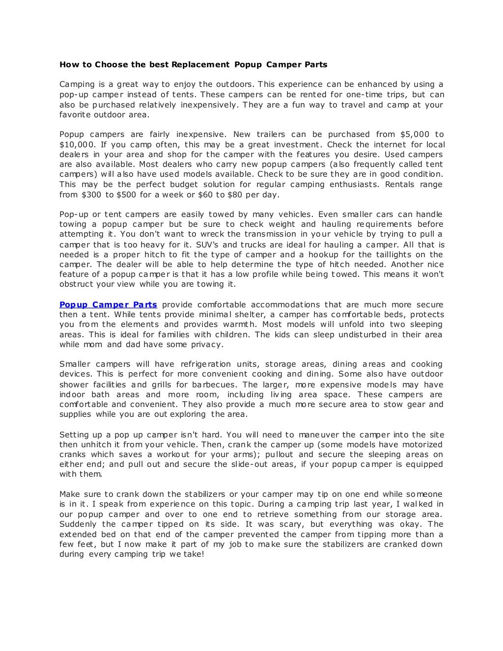 Replacement popup camper parts