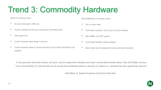 Trend 3: Commodity Hardware
Where F5 comes up short:
• No bare metal option, VMs only
• Custom hardware 6x the cost of equivalent commodity server
• x86 support only
• Custom hardware takes longer to procure
• Custom hardware leads to overprovisioning to avoid costly mid-refresh cycle
upgrade
12
“In the past when faced with a failure, we had to wait for replacement hardware and hope it arrived before another failure. Now with NGINX, we have
much more flexibility. If a machine fails we can quickly and seamlessly replace it, because our reliance on hardware has been significantly reduced.”
– Matt Blaha, Sr. Systems Engineer at Discovery Education
Why NGINX Plus is the better choice:
• Can run bare metal
• Commodity hardware 1/6 the cost of custom hardware
• X86, ARM64, and PPC support
• Commodity hardware readily available
• Able to right size the deployment using commodity hardware
 