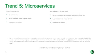 Trend 5: Microservices
Where F5 comes up short:
• No container option
• No true Kubernetes Ingress Controller solution
• Heavyweight, not portable
14
“As we moved to microservices we’ve realized that we needed a much smarter way of routing pages to our applications...We realized that NGINX Plus,
with its better support, with its DNS resolving, and the advanced metrics that we get now is the way forward. NGINX Plus allowed us to get to the final
mile.”
– John Cleveley, Senior Engineering Manager, Buzzfeed
Why NGINX Plus is the better choice:
• Can run in containers, top downloaded application on Docker Hub
• Supported Kubernetes Ingress Controller
• Lightweight and portable
 