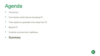 Agenda
• Introduction
• Five industry trends that are disrupting F5
• Three options to gracefully move away from F5
• Beyond F5
• Customer success story: AppNexus
• Summary
 