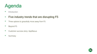 Agenda
• Introduction
• Five industry trends that are disrupting F5
• Three options to gracefully move away from F5
• Beyond F5
• Customer success story: AppNexus
• Summary
 