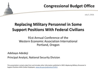 Congressional Budget Office
91st Annual Conference of the 
Western Economic Association International
Portland, Oregon
July 3, 2016
Adebayo Adedeji
Principal Analyst, National Security Division
Replacing Military Personnel in Some 
Support Positions With Federal Civilians
This presentation contains data from and includes other information published in CBO’s Replacing Military Personnel in 
Support Positions With Civilian Employees, www.cbo.gov/publication/51012.   
 