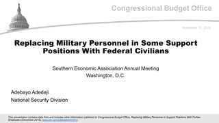Congressional Budget Office
Southern Economic Association Annual Meeting
Washington, D.C.
November 19, 2018
Adebayo Adedeji
National Security Division
Replacing Military Personnel in Some Support
Positions With Federal Civilians
This presentation contains data from and includes other information published in Congressional Budget Office, Replacing Military Personnel in Support Positions With Civilian
Employees (December 2015), www.cbo.gov/publication/51012.
 