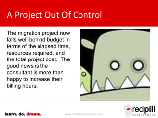 www.redpilldevelopment.comlearn. do. dream.
A Project Out Of Control
The migration project now
falls well behind budget in...
