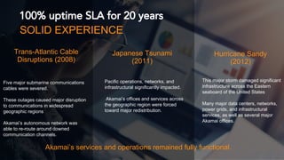 ©2017 AKAMAI | FASTER FORWARDTM
100% uptime SLA for 20 years
Trans-Atlantic Cable
Disruptions (2008)
Five major submarine communications
cables were severed.
These outages caused major disruption
to communications in widespread
geographic regions
Akamai’s autonomous network was
able to re-route around downed
communication channels.
SOLID EXPERIENCE
Japanese Tsunami
(2011)
Pacific operations, networks, and
infrastructural significantly impacted.
Akamai’s offices and services across
the geographic region were forced
toward major redistribution.
Hurricane Sandy
(2012)
This major storm damaged significant
infrastructure across the Eastern
seaboard of the United States
Many major data centers, networks,
power grids, and infrastructural
services, as well as several major
Akamai offices.
Akamai’s services and operations remained fully functional.
 