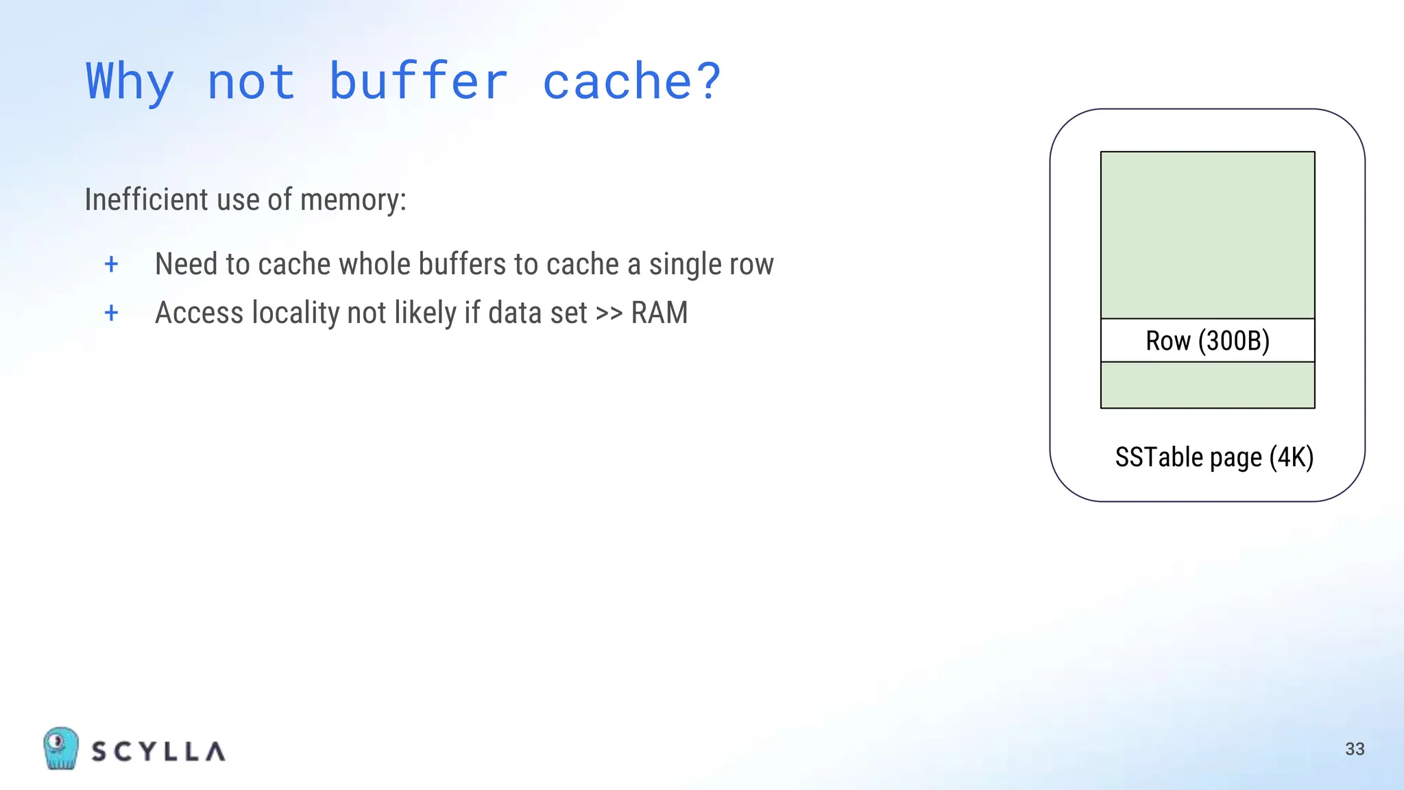 Inefficient use of memory:
+ Need to cache whole buffers to cache a single row
+ Access locality not likely if data set >> RAM
33
Why not buffer cache?
SSTable page (4K)
Row (300B)
 