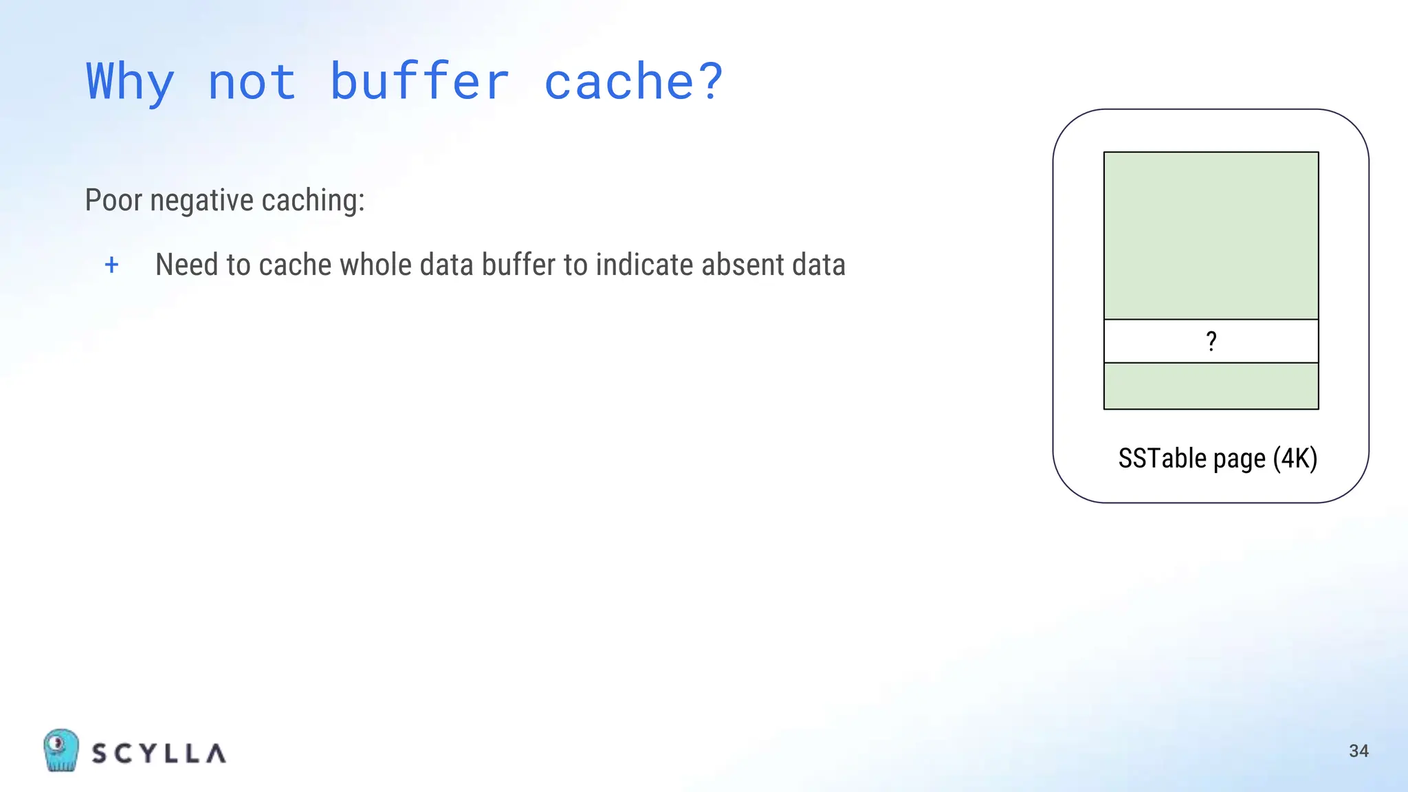 Poor negative caching:
+ Need to cache whole data buffer to indicate absent data
34
Why not buffer cache?
SSTable page (4K)
?
 