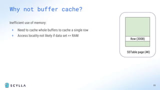 Inefficient use of memory:
+ Need to cache whole buffers to cache a single row
+ Access locality not likely if data set >> RAM
33
Why not buffer cache?
SSTable page (4K)
Row (300B)
 