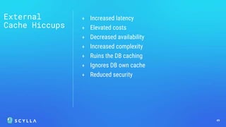 External
Cache Hiccups
49
+ Increased latency
+ Elevated costs
+ Decreased availability
+ Increased complexity
+ Ruins the DB caching
+ Ignores DB own cache
+ Reduced security
 