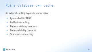 An external caching layer introduces noise:
+ Ignores built-in RBAC
+ Ineffective caching
+ Data consistency concerns
+ Data availability concerns
+ Scan-resistant caching
55
Ruins database own cache
 