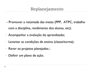Replanejamento
- Promover a retomada das metas (PPP, ATPC, trabalho
com a disciplina, rendimento dos alunos, etc);
- Acompanhar a evolução do aprendizado;
- Levantar as condições de ensino (classe/turma);
- Rever os projetos planejados ;
- Definir um plano de ação.
 