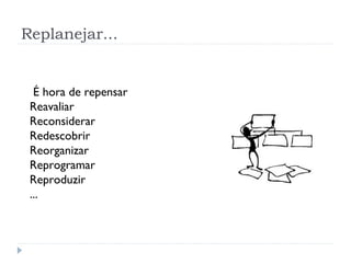 Replanejar...
É hora de repensar
Reavaliar
Reconsiderar
Redescobrir
Reorganizar
Reprogramar
Reproduzir
...
 