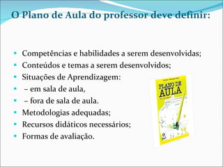 O Plano de Aula do professor deve definir:  Competências e habilidades a serem desenvolvidas; Conteúdos e temas a serem desenvolvidos; Situações de Aprendizagem: –  em sala de aula, –  fora de sala de aula. Metodologias adequadas; Recursos didáticos necessários; Formas de avaliação. 