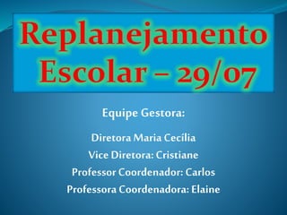 Equipe Gestora:
DiretoraMaria Cecília
Vice Diretora:Cristiane
ProfessorCoordenador: Carlos
ProfessoraCoordenadora:Elaine
 