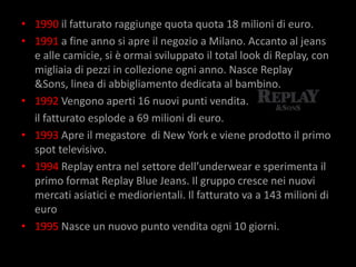 • 1990 il fatturato raggiunge quota quota 18 milioni di euro.
• 1991 a fine anno si apre il negozio a Milano. Accanto al jeans
  e alle camicie, si è ormai sviluppato il total look di Replay, con
  migliaia di pezzi in collezione ogni anno. Nasce Replay
  &Sons, linea di abbigliamento dedicata al bambino.
• 1992 Vengono aperti 16 nuovi punti vendita.
  il fatturato esplode a 69 milioni di euro.
• 1993 Apre il megastore di New York e viene prodotto il primo
  spot televisivo.
• 1994 Replay entra nel settore dell’underwear e sperimenta il
  primo format Replay Blue Jeans. Il gruppo cresce nei nuovi
  mercati asiatici e mediorientali. Il fatturato va a 143 milioni di
  euro
• 1995 Nasce un nuovo punto vendita ogni 10 giorni.
 