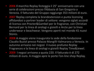 • 2006 Il marchio Replay festeggia il 25° anniversario con una
  serie di celebrazioni prezzo l’Abbazia di San Gregorio a
  Venezia. Il fatturato del Gruppo raggiunge 353 milioni di euro.
• 2007 Replay completa la brandextension e punta licensing
  affidandosi a partner leader di settore: vengono siglati accordi
  di licenza con Procter&Gambel per le fragranze, con Christian
  Bernard per la linea di orologi e gioielli e Arcte per la linea
  underwear e beachwear. Vengono aperti nel mondo 41 nuovi
  Stores.
• 2008 A maggio viene inaugurata la sede della fondazione
  Claudio Buziol presso Palazzo Mangilli-Valmarana a Venezia. In
  autunno arrivano nei negozi il nuovo profumo Replay
  Fragrances e la linea di orologi e gioielli Replay Time&Jewel.
• 2009 I negozi arrivano a quota 220. Il fatturato è di 272
  milioni di euro. A maggio apre le porte l’on-line shop Replay.
 