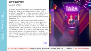 Le bijoutier Swarovski vient de lancer une nouvelle campagne
digitale pour présenter sa collection Automne- Hiver 2019.
La nuit, dans une ambiance mystique aux tonalités violines, dans
un décor de fête foraine ou les néons sont omniprésents, on
aperçoit deux jeunes femmes rendre visite à une cartomancienne
prénommée Tara.
Cette dernière tient une boule de cristal entre les mains sur
laquelle est inscrit « make a wish » (faites un vœux) et des cartes
de tarots sont disposées devant elle. Le parfait poncif de la
voyante, hormis que celle-ci est jeune, belle et bien habillée. Elle
offre la possibilité aux jeunes femmes d’exaucer un de leur vœux.
La collection est inspirée de l’univers de la magie et les gros plans
permettent de découvrir et d‘apprécier boucles d’oreilles et
autres pièces de la collection Swarovski qui vise une clientèle plus
jeune avec cette collection, dont certaines pièces n’excèdent pas
une vingtaine d’euros .
SWAROVSKI
MAKE A WISH!
VOIR
TRENDWATCHING
N°296 / 16.09.19 AU 20.09.19 / BUREAU DE TENDANCES STRATÉGIQUE ET CRÉATIF / BALISTIKART.COM
 