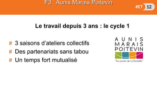 Le travail depuis 3 ans : le cycle 1
# 3 saisons d’ateliers collectifs
# Des partenariats sans tabou
# Un temps fort mutualisé
F3 : Aunis Marais Poitevin
 
