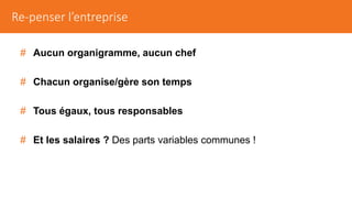 # Aucun organigramme, aucun chef
# Chacun organise/gère son temps
# Tous égaux, tous responsables
# Et les salaires ? Des parts variables communes !
Re-penser l’entreprise
 