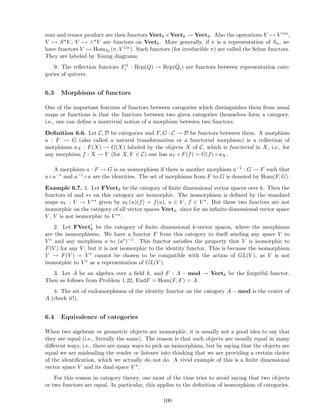 sum and tensor product are then functors Vectk ×Vectk → Vectk. Also the operations V → V ⊗n,
V → SnV , V → ∧nV are functors on Vectk. More generally, if π is a representation of Sn, we
have functors V → HomSn (π, V ⊗n). Such functors (for irreducible π) are called the Schur functors.
They are labeled by Young diagrams.
9. The reﬂection functors F±
i : Rep(Q) → Rep( ¯Qi) are functors between representation cate-
gories of quivers.
6.3 Morphisms of functors
One of the important features of functors between categories which distinguishes them from usual
maps or functions is that the functors between two given categories themselves form a category,
i.e., one can deﬁne a nontrivial notion of a morphism between two functors.
Deﬁnition 6.6. Let C, D be categories and F, G : C → D be functors between them. A morphism
a : F → G (also called a natural transformation or a functorial morphism) is a collection of
morphisms aX : F(X) → G(X) labeled by the objects X of C, which is functorial in X, i.e., for
any morphism f : X → Y (for X, Y ∈ C) one has aY ◦ F(f) = G(f) ◦ aX.
A morphism a : F → G is an isomorphism if there is another morphism a−1 : G → F such that
a ◦a−1 and a−1 ◦a are the identities. The set of morphisms from F to G is denoted by Hom(F, G).
Example 6.7. 1. Let FVectk be the category of ﬁnite dimensional vector spaces over k. Then the
functors id and ∗∗ on this category are isomorphic. The isomorphism is deﬁned by the standard
maps aV : V → V ∗∗ given by aV (u)(f) = f(u), u ∈ V , f ∈ V ∗. But these two functors are not
isomorphic on the category of all vector spaces Vectk, since for an inﬁnite dimensional vector space
V , V is not isomorphic to V ∗∗.
2. Let FVect′
k be the category of ﬁnite dimensional k-vector spaces, where the morphisms
are the isomorphisms. We have a functor F from this category to itself sending any space V to
V ∗ and any morphism a to (a∗)−1. This functor satisﬁes the property that V is isomorphic to
F(V ) for any V , but it is not isomorphic to the identity functor. This is because the isomorphism
V → F(V ) = V ∗ cannot be chosen to be compatible with the action of GL(V ), as V is not
isomorphic to V ∗ as a representation of GL(V ).
3. Let A be an algebra over a ﬁeld k, and F : A − mod → Vectk be the forgetful functor.
Then as follows from Problem 1.22, EndF = Hom(F, F) = A.
4. The set of endomorphisms of the identity functor on the category A − mod is the center of
A (check it!).
6.4 Equivalence of categories
When two algebraic or geometric objects are isomorphic, it is usually not a good idea to say that
they are equal (i.e., literally the same). The reason is that such objects are usually equal in many
diﬀerent ways, i.e., there are many ways to pick an isomorphism, but by saying that the objects are
equal we are misleading the reader or listener into thinking that we are providing a certain choice
of the identiﬁcation, which we actually do not do. A vivid example of this is a ﬁnite dimensional
vector space V and its dual space V ∗.
For this reason in category theory, one most of the time tries to avoid saying that two objects
or two functors are equal. In particular, this applies to the deﬁnition of isomorphism of categories.
100
 