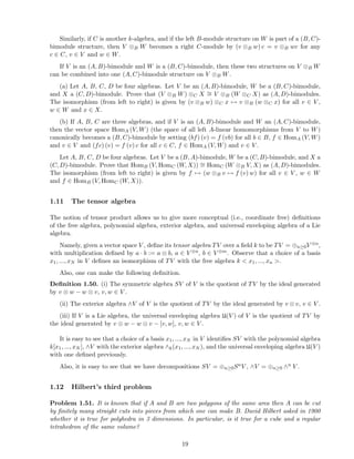 Similarly, if C is another k-algebra, and if the left B-module structure on W is part of a (B, C)-
bimodule structure, then V ⊗B W becomes a right C-module by (v ⊗B w) c = v ⊗B wc for any
c ∈ C, v ∈ V and w ∈ W.
If V is an (A, B)-bimodule and W is a (B, C)-bimodule, then these two structures on V ⊗B W
can be combined into one (A, C)-bimodule structure on V ⊗B W.
(a) Let A, B, C, D be four algebras. Let V be an (A, B)-bimodule, W be a (B, C)-bimodule,
and X a (C, D)-bimodule. Prove that (V ⊗B W) ⊗C X ∼= V ⊗B (W ⊗C X) as (A, D)-bimodules.
The isomorphism (from left to right) is given by (v ⊗B w) ⊗C x → v ⊗B (w ⊗C x) for all v ∈ V ,
w ∈ W and x ∈ X.
(b) If A, B, C are three algebras, and if V is an (A, B)-bimodule and W an (A, C)-bimodule,
then the vector space HomA (V, W) (the space of all left A-linear homomorphisms from V to W)
canonically becomes a (B, C)-bimodule by setting (bf) (v) = f (vb) for all b ∈ B, f ∈ HomA (V, W)
and v ∈ V and (fc) (v) = f (v) c for all c ∈ C, f ∈ HomA (V, W) and v ∈ V .
Let A, B, C, D be four algebras. Let V be a (B, A)-bimodule, W be a (C, B)-bimodule, and X a
(C, D)-bimodule. Prove that HomB (V, HomC (W, X)) ∼= HomC (W ⊗B V, X) as (A, D)-bimodules.
The isomorphism (from left to right) is given by f → (w ⊗B v → f (v) w) for all v ∈ V , w ∈ W
and f ∈ HomB (V, HomC (W, X)).
1.11 The tensor algebra
The notion of tensor product allows us to give more conceptual (i.e., coordinate free) deﬁnitions
of the free algebra, polynomial algebra, exterior algebra, and universal enveloping algebra of a Lie
algebra.
Namely, given a vector space V , deﬁne its tensor algebra TV over a ﬁeld k to be TV = ⊕n≥0V ⊗n,
with multiplication deﬁned by a · b := a ⊗ b, a ∈ V ⊗n, b ∈ V ⊗m. Observe that a choice of a basis
x1, ..., xN in V deﬁnes an isomorphism of TV with the free algebra k < x1, ..., xn >.
Also, one can make the following deﬁnition.
Deﬁnition 1.50. (i) The symmetric algebra SV of V is the quotient of TV by the ideal generated
by v ⊗ w − w ⊗ v, v, w ∈ V .
(ii) The exterior algebra ∧V of V is the quotient of TV by the ideal generated by v ⊗ v, v ∈ V .
(iii) If V is a Lie algebra, the universal enveloping algebra U(V ) of V is the quotient of TV by
the ideal generated by v ⊗ w − w ⊗ v − [v, w], v, w ∈ V .
It is easy to see that a choice of a basis x1, ..., xN in V identiﬁes SV with the polynomial algebra
k[x1, ..., xN ], ∧V with the exterior algebra ∧k(x1, ..., xN ), and the universal enveloping algebra U(V )
with one deﬁned previously.
Also, it is easy to see that we have decompositions SV = ⊕n≥0SnV , ∧V = ⊕n≥0 ∧n V .
1.12 Hilbert’s third problem
Problem 1.51. It is known that if A and B are two polygons of the same area then A can be cut
by ﬁnitely many straight cuts into pieces from which one can make B. David Hilbert asked in 1900
whether it is true for polyhedra in 3 dimensions. In particular, is it true for a cube and a regular
tetrahedron of the same volume?
19
 