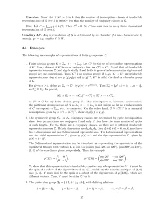Exercise. Show that if |G| = 0 in k then the number of isomorphism classes of irreducible
representations of G over k is strictly less than the number of conjugacy classes in G.
Hint. Let P = g∈G g ∈ k[G]. Then P2 = 0. So P has zero trace in every ﬁnite dimensional
representation of G over k.
Corollary 3.7. Any representation of G is determined by its character if k has characteristic 0;
namely, χV = χW implies V ∼= W.
3.3 Examples
The following are examples of representations of ﬁnite groups over C.
1. Finite abelian groups G = Zn1 × · · · × Znk
. Let G∨ be the set of irreducible representations
of G. Every element of G forms a conjugacy class, so |G∨| = |G|. Recall that all irreducible
representations over C (and algebraically closed ﬁelds in general) of commutative algebras and
groups are one-dimensional. Thus, G∨ is an abelian group: if ρ1, ρ2 : G → C× are irreducible
representations then so are ρ1(g)ρ2(g) and ρ1(g)−1. G∨ is called the dual or character group
of G.
For given n ≥ 1, deﬁne ρ : Zn → C× by ρ(m) = e2πim/n. Then Z∨
n = {ρk : k = 0, . . . , n − 1},
so Z∨
n
∼= Zn. In general,
(G1 × G2 × · · · × Gn)∨
= G∨
1 × G∨
2 × · · · × G∨
n,
so G∨ ∼= G for any ﬁnite abelian group G. This isomorphism is, however, noncanonical:
the particular decomposition of G as Zn1 × · · · × Znk
is not unique as far as which elements
of G correspond to Zn1 , etc. is concerned. On the other hand, G ∼= (G∨)∨ is a canonical
isomorphism, given by ϕ : G → (G∨)∨, where ϕ(g)(χ) = χ(g).
2. The symmetric group S3. In Sn, conjugacy classes are determined by cycle decomposition
sizes: two permutations are conjugate if and only if they have the same number of cycles
of each length. For S3, there are 3 conjugacy classes, so there are 3 diﬀerent irreducible
representations over C. If their dimensions are d1, d2, d3, then d2
1+d2
2+d2
3 = 6, so S3 must have
two 1-dimensional and one 2-dimensional representations. The 1-dimensional representations
are the trivial representation C+ given by ρ(σ) = 1 and the sign representation C− given by
ρ(σ) = (−1)σ.
The 2-dimensional representation can be visualized as representing the symmetries of the
equilateral triangle with vertices 1, 2, 3 at the points (cos 120◦, sin 120◦), (cos 240◦, sin 240◦),
(1, 0) of the coordinate plane, respectively. Thus, for example,
ρ((12)) =
1 0
0 −1
, ρ((123)) =
cos 120◦ − sin 120◦
sin 120◦ cos 120◦ .
To show that this representation is irreducible, consider any subrepresentation V . V must be
the span of a subset of the eigenvectors of ρ((12)), which are the nonzero multiples of (1, 0)
and (0, 1). V must also be the span of a subset of the eigenvectors of ρ((123)), which are
diﬀerent vectors. Thus, V must be either C2 or 0.
3. The quaternion group Q8 = {±1, ±i, ±j, ±k}, with deﬁning relations
i = jk = −kj, j = ki = −ik, k = ij = −ji, −1 = i2
= j2
= k2
.
35
 