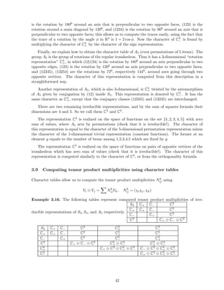 is the rotation by 1800 around an axis that is perpendicular to two opposite faces, (123) is the
rotation around a main diagonal by 1200, and (1234) is the rotation by 900 around an axis that is
perpendicular to two opposite faces; this allows us to compute the traces easily, using the fact that
the trace of a rotation by the angle φ in R3 is 1 + 2 cos φ. Now the character of C3
− is found by
multiplying the character of C3
+ by the character of the sign representation.
Finally, we explain how to obtain the character table of A5 (even permutations of 5 items). The
group A5 is the group of rotations of the regular icosahedron. Thus it has a 3-dimensional “rotation
representation” C3
+, in which (12)(34) is the rotation by 1800 around an axis perpendicular to two
opposite edges, (123) is the rotation by 1200 around an axis perpendicular to two opposite faces,
and (12345), (13254) are the rotations by 720, respectively 1440, around axes going through two
opposite vertices. The character of this representation is computed from this description in a
straightforward way.
Another representation of A5, which is also 3-dimensional, is C3
+ twisted by the automorphism
of A5 given by conjugation by (12) inside S5. This representation is denoted by C3
−. It has the
same character as C3
+, except that the conjugacy classes (12345) and (13245) are interchanged.
There are two remaining irreducible representations, and by the sum of squares formula their
dimensions are 4 and 5. So we call them C4 and C5.
The representation C4 is realized on the space of functions on the set {1, 2, 3, 4, 5} with zero
sum of values, where A5 acts by permutations (check that it is irreducible!). The character of
this representation is equal to the character of the 5-dimensional permutation representation minus
the character of the 1-dimensional trivial representation (constant functions). The former at an
element g equals to the number of items among 1,2,3,4,5 which are ﬁxed by g.
The representation C5 is realized on the space of functions on pairs of opposite vertices of the
icosahedron which has zero sum of values (check that it is irreducible!). The character of this
representation is computed similarly to the character of C4, or from the orthogonality formula.
3.9 Computing tensor product multiplicities using character tables
Character tables allow us to compute the tensor product multiplicities Nk
ij using
Vi ⊗ Vj = Nk
ijVk, Nk
ij = (χiχj, χk)
Example 3.16. The following tables represent computed tensor product multiplicities of irre-
ducible representations of S3, S4, and A5 respectively.
S3 C+ C− C2
C+ C+ C− C2
C− C+ C2
C2 C+ ⊕ C− ⊕ C2
S4 C+ C− C2 C3
+ C3
−
C+ C+ C− C2 C3
+ C3
−
C− C+ C2 C3
− C3
+
C2 C+ ⊕ C− ⊕ C2 C3
+ ⊕ C3
− C3
+ ⊕ C3
−
C3
+ C+ ⊕ C2 ⊕ C3
+ ⊕ C3
− C− ⊕ C2 ⊕ C3
+ ⊕ C3
−
C3
− C+ ⊕ C2 ⊕ C3
+ ⊕ C3
−
42
 