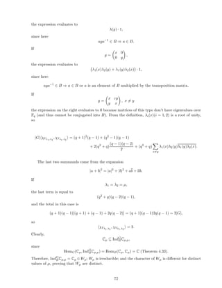 the expression evaluates to
λ(g) · 1,
since here
aga−1
∈ B ⇒ a ∈ B.
If
g =
x 0
0 y
,
the expression evaluates to
λ1(x)λ2(y) + λ1(y)λ2(x) · 1,
since here
aga−1
∈ B ⇒ a ∈ B or a is an element of B multiplied by the transposition matrix.
If
g =
x εy
y x
, x = y
the expression on the right evaluates to 0 because matrices of this type don’t have eigenvalues over
Fq (and thus cannot be conjugated into B). From the deﬁnition, λi(x)(i = 1, 2) is a root of unity,
so
|G| χVλ1,λ2
, χVλ1,λ2
= (q + 1)2
(q − 1) + (q2
− 1)(q − 1)
+ 2(q2
+ q)
(q − 1)(q − 2)
2
+ (q2
+ q)
x=y
λ1(x)λ2(y)λ1(y)λ2(x).
The last two summands come from the expansion
|a + b|2
= |a|2
+ |b|2
+ ab + ab.
If
λ1 = λ2 = µ,
the last term is equal to
(q2
+ q)(q − 2)(q − 1),
and the total in this case is
(q + 1)(q − 1)[(q + 1) + (q − 1) + 2q(q − 2)] = (q + 1)(q − 1)2q(q − 1) = 2|G|,
so
χVλ1,λ2
, χVλ1,λ2
= 2.
Clearly,
Cµ ⊆ IndG
BCµ,µ,
since
HomG(Cµ, IndG
BCµ,µ) = HomB(Cµ, Cµ) = C (Theorem 4.33).
Therefore, IndG
BCµ,µ = Cµ ⊕ Wµ; Wµ is irreducible; and the character of Wµ is diﬀerent for distinct
values of µ, proving that Wµ are distinct.
72
 