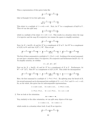 Then a representation of this quiver looks like
•
V
A //•
W
B //•
Y
.
Like in Example 5.8 we ﬁrst split away
•
ker A
0 //•
0
0 //•
0
.
This object is a multiple of 1 //0 //0 . Next, let Y ′ be a complement of ImB in Y .
Then we can also split away
•
0
0 //•
0
0 //•
Y ′
which is a multiple of the object 0 //0 //1 . This results in a situation where the map
A is injective and the map B is surjective (we rename the spaces to simplify notation):
•
V
  A //•
W
B // //•
Y
.
Next, let X = ker(B ◦ A) and let X′ be a complement of X in V . Let W′ be a complement
of A(X) in W such that A(X′) ⊂ W′. Then we get
•
V
  A //•
W
B // //•
Y
= •
X
A //•
A(X)
B //•
0
⊕ •
X′
  A //•
W′
B // //•
Y
The ﬁrst of these summands is a multiple of 1 //∼ 1 //0 . Looking at the second summand,
we now have a situation where A is injective, B is surjective and furthermore ker(B ◦A) = 0.
To simplify notation, we redeﬁne
V = X′
, W = W′
.
Next we let X = Im(B ◦ A) and let X′ be a complement of X in Y . Furthermore, let
W′ = B−1(X′). Then W′ is a complement of A(V ) in W. This yields the decomposition
•
V
  A //•
W
B // //•
Y
= •
V
∼A
//•
A(V )
∼B
//•
X
⊕ •
0
//•
W′
B // //•
X′
Here, the ﬁrst summand is a multiple of 1 //∼ 1 //∼ 1 . By splitting away the kernel of B,
the second summand can be decomposed into multiples of 0 //1 //∼ 1 and 0 //1 //0 .
So, on the whole, this quiver has six indecomposable representations:
1 //0 //0 , 0 //0 //1 , 1 //∼ 1 //0 ,
1 //∼ 1 //∼ 1 , 0 //1 //∼ 1 , 0 //1 //0
2. Now we look at the orientation
• //• •oo .
Very similarly to the other orientation, we can split away objects of the type
1 //0 0oo , 0 //0 1oo
which results in a situation where both A and B are injective:
•
V
  A //•
W
oo B ? _•
Y
.
82
 