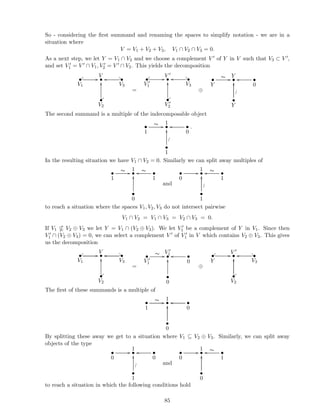 So - considering the ﬁrst summand and renaming the spaces to simplify notation - we are in a
situation where
V = V1 + V2 + V3, V1 ∩ V2 ∩ V3 = 0.
As a next step, we let Y = V1 ∩ V2 and we choose a complement V ′ of Y in V such that V3 ⊂ V ′,
and set V ′
1 = V ′ ∩ V1, V ′
2 = V ′ ∩ V2. This yields the decomposition
•
V1
 
// •
V
•
V3
? _oo
•
V2
 ?
OO
=
•
V ′
1
  // •
V ′
•
V3
? _oo
•
V ′
2
 ?
OO
⊕
•
Y
∼ // •
Y
•
0
oo
•
Y
OO
O
The second summand is a multiple of the indecomposable object
•
1
∼ // •
1
•
0
oo
•
1
OO
O
.
In the resulting situation we have V1 ∩ V2 = 0. Similarly we can split away multiples of
•
1
∼ // •
1
•
1
∼oo
•
0
OO
and
•
0
// •
1
•
1
∼oo
•
1
OO
O
to reach a situation where the spaces V1, V2, V3 do not intersect pairwise
V1 ∩ V2 = V1 ∩ V3 = V2 ∩ V3 = 0.
If V1 V2 ⊕ V3 we let Y = V1 ∩ (V2 ⊕ V3). We let V ′
1 be a complement of Y in V1. Since then
V ′
1 ∩ (V2 ⊕ V3) = 0, we can select a complement V ′ of V ′
1 in V which contains V2 ⊕ V3. This gives
us the decomposition
•
V1
 
// •
V
•
V3
? _oo
•
V2
 ?
OO
=
•
V ′
1
∼ // •
V ′
1
•
0
oo
•
0
OO
⊕
•
Y
 
// •
V ′
•
V3
? _oo
•
V2
 ?
OO
The ﬁrst of these summands is a multiple of
•
1
∼ // •
1
•
0
oo
•
0
OO
By splitting these away we get to a situation where V1 ⊆ V2 ⊕ V3. Similarly, we can split away
objects of the type
•
0
// •
1
•
0
oo
•
1
OO
O and
•
0
// •
1
•
1
∼oo
•
0
OO
to reach a situation in which the following conditions hold
85
 