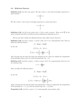 5.6 Reﬂection Functors
Deﬁnition 5.24. Let Q be any quiver. We call a vertex i ∈ Q a sink if all edges connected to i
point towards i.
// •
i oo
OO
We call a vertex i ∈ Q a source if all edges connected to i point away from i.
•
ioo //

Deﬁnition 5.25. Let Q be any quiver and i ∈ Q be a sink (a source). Then we let Qi be the
quiver obtained from Q by reversing all arrows pointing into (pointing out of) i.
We are now able to deﬁne the reﬂection functors (also called Coxeter functors).
Deﬁnition 5.26. Let Q be a quiver, i ∈ Q be a sink. Let V be a representation of Q. Then we
deﬁne the reﬂection functor
F+
i : RepQ → RepQi
by the rule
F+
i (V )k = Vk if k = i
F+
i (V )i = ker

ϕ :
j→i
Vj → Vi

 .
Also, all maps stay the same but those now pointing out of i; these are replaced by compositions
of the inclusion of ker ϕ into ⊕Vj with the projections ⊕Vj → Vk.
Deﬁnition 5.27. Let Q be a quiver, i ∈ Q be a source. Let V be a representation of Q. Let ψ be
the canonical map
ψ : Vi →
i→j
Vj.
Then we deﬁne the reﬂection functor
F−
i : RepQ → RepQi
by the rule
F−
i (V )k = Vk if k = i
F−
i (V )i = Coker (ψ) =


i→j
Vj

 /Imψ.
Again, all maps stay the same but those now pointing into i; these are replaced by the compositions
of the inclusions Vk → ⊕i→jVj with the natural map ⊕Vj → ⊕Vj/Imψ.
Proposition 5.28. Let Q be a quiver, V an indecomposable representation of Q.
90
 
