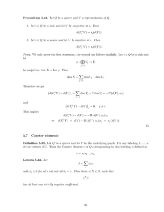 Proposition 5.31. Let Q be a quiver and V a representation of Q.
1. Let i ∈ Q be a sink and let V be surjective at i. Then
d(F+
i V ) = si(d(V )).
2. Let i ∈ Q be a source and let V be injective at i. Then
d(F−
i V ) = si(d(V )).
Proof. We only prove the ﬁrst statement, the second one follows similarly. Let i ∈ Q be a sink and
let
ϕ :
j→i
Vj → Vi
be surjective. Let K = ker ϕ. Then
dim K =
j→i
dim Vj − dim Vi.
Therefore we get
d(F+
i V ) − d(V ) i
=
j→i
dim Vj − 2 dim Vi = −B (d(V ), αi)
and
d(F+
i V ) − d(V ) j
= 0, j = i.
This implies
d(F+
i V ) − d(V ) = −B (d(V ), αi) αi
⇔ d(F+
i V ) = d(V ) − B (d(V ), αi) αi = si (d(V )) .
5.7 Coxeter elements
Deﬁnition 5.32. Let Q be a quiver and let Γ be the underlying graph. Fix any labeling 1, . . . , n
of the vertices of Γ. Then the Coxeter element c of Q corresponding to this labeling is deﬁned as
c = s1s2 . . . sn.
Lemma 5.33. Let
β =
i
kiαi
with ki ≥ 0 for all i but not all ki = 0. Then there is N ∈ N, such that
cN
β
has at least one strictly negative coeﬃcient.
93
 