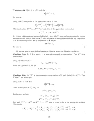 Theorem 5.34. There is m ∈ N, such that
d V (m)
= αp
for some p.
Proof. If V (i) is surjective at the appropriate vertex k, then
d V (i+1)
= d F+
k V (i)
= skd V (i)
.
This implies, that if V (0), . . . , V (i−1) are surjective at the appropriate vertices, then
d V (i)
= . . . sn−1snd(V ).
By Lemma 5.33 this cannot continue indeﬁnitely - since d V (i) may not have any negative entries.
Let i be smallest number such that V (i) is not surjective at the appropriate vertex. By Proposition
5.30 it is indecomposable. So, by Proposition 5.28, we get
d(V (i)
) = αp
for some p.
We are now able to prove Gabriel’s theorem. Namely, we get the following corollaries.
Corollary 5.35. Let Q be a quiver, V be any indecomposable representation. Then d(V ) is a
positive root.
Proof. By Theorem 5.34
si1 . . . sim (d(V )) = αp.
Since the si preserve B, we get
B(d(V ), d(V )) = B(αp, αp) = 2.
Corollary 5.36. Let V, V ′ be indecomposable representations of Q such that d(V ) = d(V ′). Then
V and V ′ are isomorphic.
Proof. Let i be such that
d V (i)
= αp.
Then we also get d V ′(i) = αp. So
V ′(i)
= V (i)
=: V i
.
Furthermore we have
V (i)
= F+
k . . . F+
n−1F+
n V (0)
V ′(i)
= F+
k . . . F+
n−1F+
n V ′(0)
.
But both V (i−1), . . . , V (0) and V ′(i−1), . . . , V ′(0) have to be surjective at the appropriate vertices.
This implies
F−
n F−
n−1 . . . F−
k V i
=
F−
n F−
n−1 . . . F−
k F+
k . . . F+
n−1F+
n V (0) = V (0) = V
F−
n F−
n−1 . . . F−
k F+
k . . . F+
n−1F+
n V ′(0) = V ′(0) = V ′
95
 