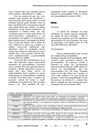 ______________________________________________________________________
Mosaico: estudos em psicologia ♦ 2007 ♦ Vol. I ♦ nº 1 ♦ p. 37-49
41
Replicabilidade do Modelo dos Cinco Grandes Fatores em medidas da personalidade
com o modelo dos cinco grandes fatores
(Ozer & Reise, 1994; Hutz & col., 1998).
Em um estudo em que são com-
paradas uma amostra de brasileiros e
outra de norte-americanos, obteve-se uma
estrutura fatorial quase idêntica entre as
duas. Os dados norte-americanos eram de
auto-relatos feitos por adultos. Os dados
brasileiros eram hetero-avaliações de
estudantes e adultos feitas por uni-
versitários quase 15 anos mais tarde. Os
norte-americanos responderam a um
questionário em inglês e os brasileiros a
uma tradução para o português do Brasil.
Nem a fonte dos dados, nem a idade do
alvo, tampouco a época ou a língua e a
cultura exerceram influências sig-
nificativas sobre os resultados encon-
trados. Isso comprova mais uma vez que o
modelo dos cinco grandes fatores des-
creve satisfatoriamente a personalidade
humana (McCrae, 2006).
Como foi dito anteriormente, já se
sabe que diferentes países apresentam
estruturas de personalidade coerentes
com o modelo dos cinco grandes fatores,
inclusive o Brasil. Entretanto, poucos es-
tudos têm sido feitos acerca da
replicabilidade deste modelo em outros
instrumentos de personalidade validados
no Brasil. Com base nisto, o objetivo do
presente estudo foi testar a repli-
cabilidade do modelo dos cinco grandes
fatores em duas medidas de per-
sonalidade muito usadas: O Inventário
Fatorial de Personalidade (IFP) e a Escala
de Personalidade de Comrey (CPS).
Método
Amostra
O estudo foi realizado em uma
instituição de ensino superior particular
na cidade de Belo Horizonte - MG. A
amostra foi composta por 654 estudantes
universitárias do sexo feminino, do curso
de psicologia, com idades entre 19 e 58
anos (M=25,66 anos, DP=6,84).
Instrumentos
Foram administradas duas escalas
de avaliação da personalidade:
Inventário Fatorial da Personalidade (IFP):
consiste num inventário objetivo da
personalidade, de natureza verbal e
baseado na teoria das necessidades
básicas de Henry Murray (1938). Reúne 15
fatores da personalidade, que são
representados por 155 itens, medidos
numa escala tipo Likert de 7 pontos. O
teste conta também com uma escala de
mentira e outra de desejabilidade social.
Encontra-se, na Tabela 2, a relação dos
fatores seguida de uma sucinta descrição
(Pasquali, Azevedo & Ghesti, 1997).
Tabela 2 - Síntese dos fatores do Inventario Fatorial de Personalidade
Fatores do IFP Descrição
Assistência Expressa, em sujeitos fortes neste fator, os sentimentos de piedade, compaixão e
ternura, pelos quais o sujeito busca dar simpatia e gratificar as necessidades de outro.
Intracepção Tendência, em sujeitos fortes neste fator, de se deixarem conduzir por sentimentos e
inclinações difusas e por julgamentos subjetivos. Busca da felicidade pela fantasia e
imaginação.
Afago Busca de apoio, proteção, amor, orientação e consolo caracterizam sujeitos fortes neste
fator. Expectativa de ter seus desejos satisfeitos por alguém querido.
Deferência Respeito, admiração e reverência às autoridades em sujeitos com altos escores neste
fator.
Afiliação Em sujeitos com altos escores neste fator, desejo de dar e receber afeto de pessoas
amigas. Caracterizados pela confiança, boa vontade, amor e lealdade.
Dominância Expressa sentimentos de autoconfiança e desejo de controlar os outros através da
sugestão, sedução, persuasão e comando, em sujeitos fortes neste fator.
 