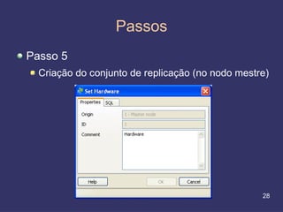 Passos
Passo 5
  Criação do conjunto de replicação (no nodo mestre)




                                                  28
 