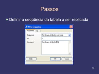 Passos
Definir a seqüência da tabela a ser replicada




                                                30
 