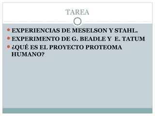 TAREA
EXPERIENCIAS DE MESELSON Y STAHL.
EXPERIMENTO DE G. BEADLE Y E. TATUM
¿QUÉ ES EL PROYECTO PROTEOMA
HUMANO?
 
