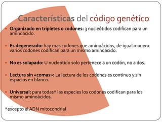 Organizado en tripletes o codones: 3 nucleótidos codifican para un aminoácido.Es degenerado: hay mas codones que aminoácidos, de igual manera varios codones codifican para un mismo aminoácido.No es solapado: U nucleótido solo pertenece a un codón, no a dos.Lectura sin «comas»: La lectura de los codones es continuo y sin espacios en blanco.Universal: para todas* las especies los codones codifican para los mismo aminoácidos.*excepto el ADN mitocondrialCaracterísticas del código genético