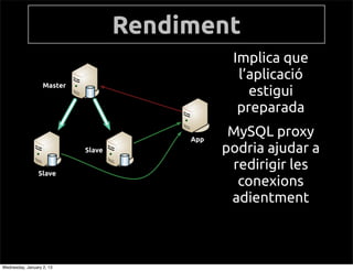 Rendiment
                                                Implica que
                                                 laplicaci
                   Master
                                                   estigui
                                                 preparada

                                         App
                                                MySQL proxy
                            Slave              podria ajudar a
                 Slave
                                                redirigir les
                                                 conexions
                                                adientment



Wednesday, January 2, 13
 