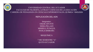 UNIVERSIDAD CENTRAL DEL ECUADOR
FACULTAD DE FILOSOFÍA, LETRAS Y CIENCIAS DE LA EDUCACIÓN
CARRERA DE PEDAGOGÍA EN CIENCIAS EXPERIMENTALES, QUÍMICA Y BIOLOGÍA
REPLICACIÓN DEL ADN
Integrantes:
OMAR APUNTE
NIDIA PILLAJO
MISHELL PUNGUIL
PAOLA SIMBAÑA
BIOQUÍMICA
7 MO SEMESTRE “A”
QUITO-ECUADOR
 