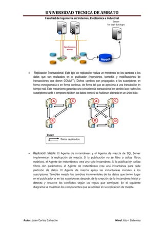 UNIVERSIDAD TECNICA DE AMBATO
                 Facultad de Ingeniería en Sistemas, Electrónica e Industrial




       Replicación Transaccional: Este tipo de replicación realiza un monitoreo de los cambios a los
       datos que son realizados en el publicador (inserciones, borrados y modificaciones de
       transacciones que dieron COMMIT). Dichos cambios son propagados a los suscriptores en
       forma cronogramada o en forma continua, de forma tal que se aproxima a una transacción en
       tiempo real. Este mecanismo garantiza una consistencia transaccional en sentido laxo: todos los
       suscriptores tarde o temprano reciben los datos como si se hubiesen alterado en un único sitio.




      Replicación Mezcla: El Agente de instantáneas y el Agente de mezcla de SQL Server
       implementan la replicación de mezcla. Si la publicación no se filtra o utiliza filtros
       estáticos, el Agente de instantáneas crea una sola instantánea. Si la publicación utiliza
       filtros con parámetros, el Agente de instantáneas crea una instantánea para cada
       partición de datos. El Agente de mezcla aplica las instantáneas iniciales a los
       suscriptores. También mezcla los cambios incrementales de los datos que tienen lugar
       en el publicador o en los suscriptores después de la creación de la instantánea inicial y
       detecta y resuelve los conflictos según las reglas que configure. En el siguiente
       diagrama se muestran los componentes que se utilizan en la replicación de mezcla.




Autor: Juan Carlos Calvache                                                    Nivel: 6to - Sistemas
 