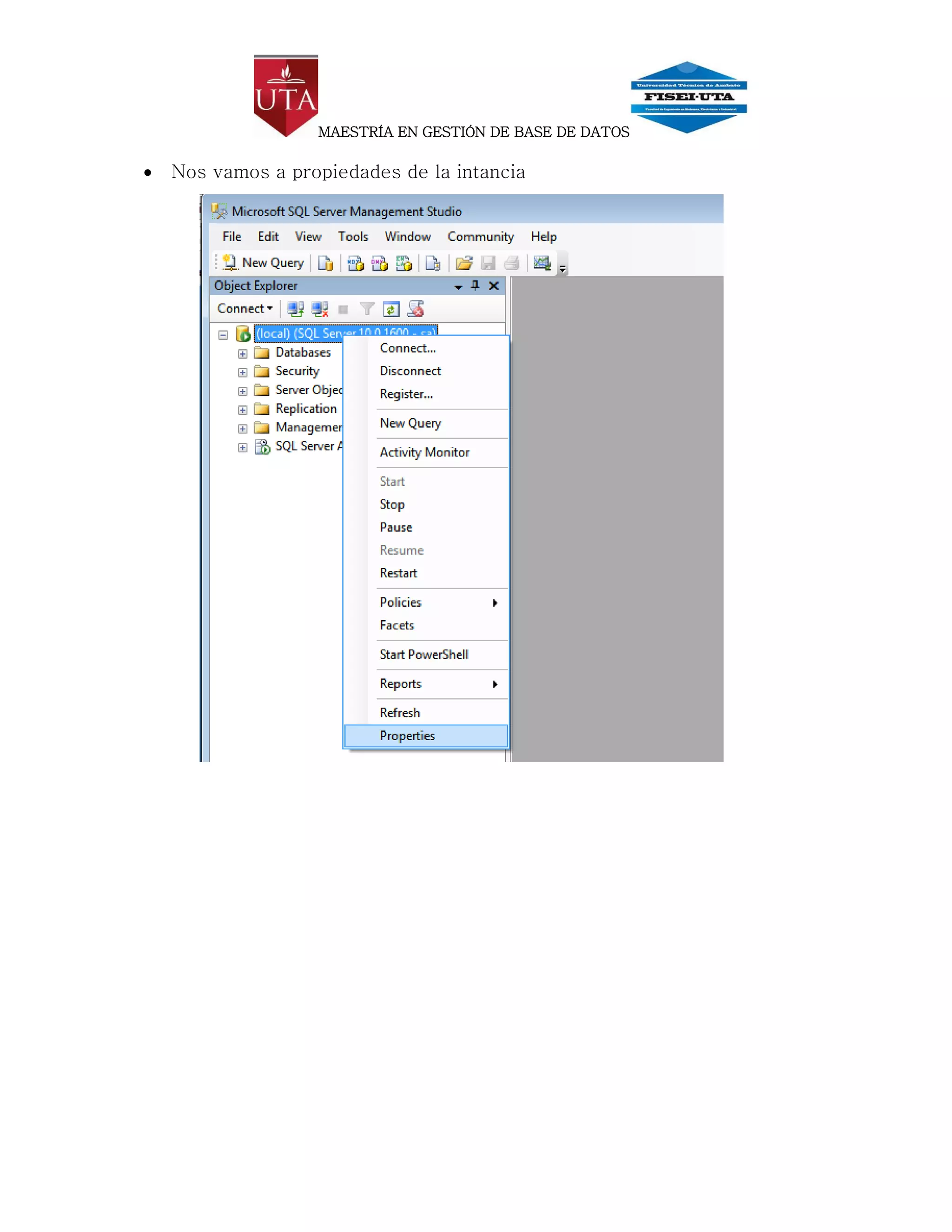 MAESTRÍA EN GESTIÓN DE BASE DE DATOS

   Nos vamos a propiedades de la intancia
 