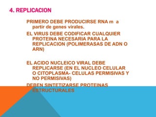 4. REPLICACION
PRIMERO DEBE PRODUCIRSE RNA m a
partir de genes virales.
EL VIRUS DEBE CODIFICAR CUALQUIER
PROTEINA NECESARIA PARA LA
REPLICACION (POLIMERASAS DE ADN O
ARN)
EL ACIDO NUCLEICO VIRAL DEBE
REPLICARSE (EN EL NUCLEO CELULAR
O CITOPLASMA- CELULAS PERMISIVAS Y
NO PERMISIVAS)
DEBEN SINTETIZARSE PROTEINAS
ESTRUCTURALES
 